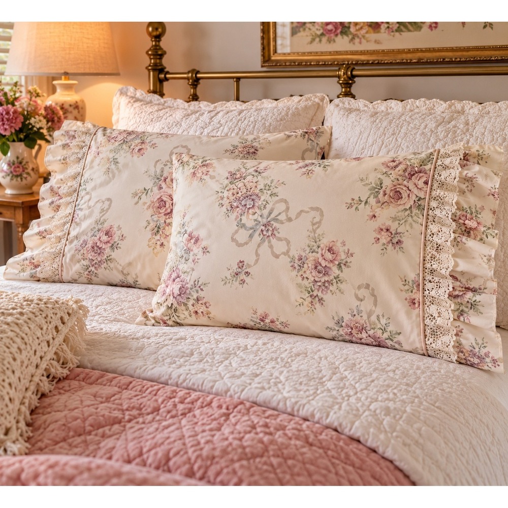 Vintage Floral Lace Ruffle Pillowcases Set of 2 Pink Ribbon Shabby Chic 19x30